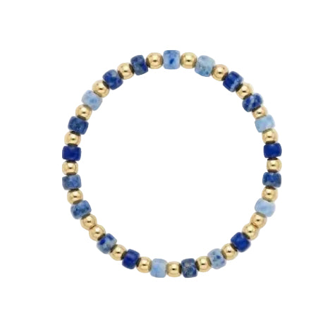 Bracelet with blue and gold beads on a white background